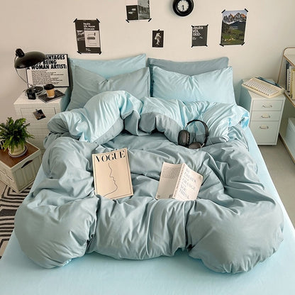 Premium Washed Cotton Double-Spliced Bedding Set – Soft Sky Blue & Cream 4-Piece Duvet Cover Set for Dormitory & Home