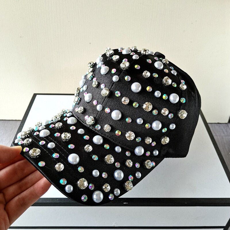 Elegant Pearl & Rhinestone Luxury Baseball Cap for Women - Adjustable Fashion Sun Hat