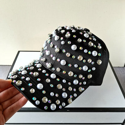 Elegant Pearl & Rhinestone Luxury Baseball Cap for Women - Adjustable Fashion Sun Hat