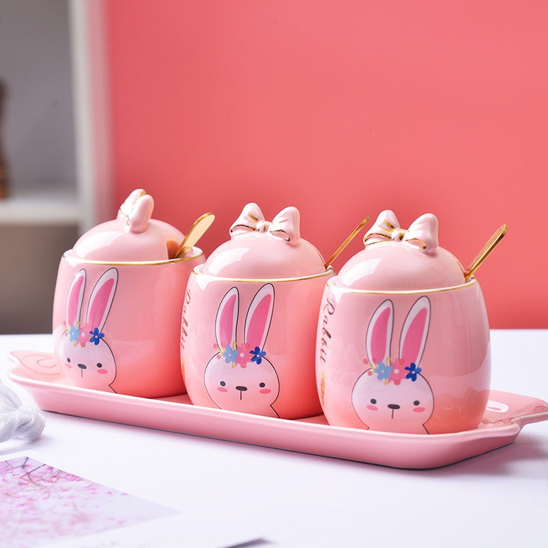 Cute Cartoon Rabbit Ceramic Spice Jar Set - 3 Pieces with Tray