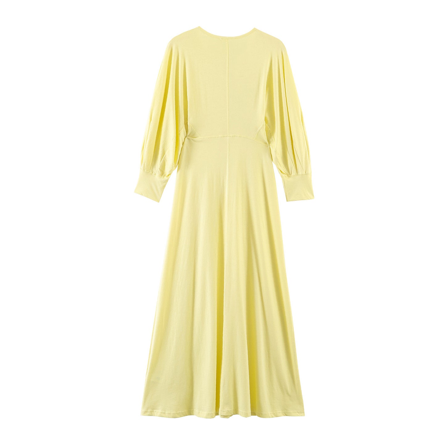 Elegant Yellow Buckle Embellished MIDI Dress - Commuting Style High Waist Long Sleeve Skirt for Women