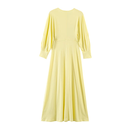 Elegant Yellow Buckle Embellished MIDI Dress - Commuting Style High Waist Long Sleeve Skirt for Women