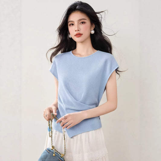 Women's Ice Silk Knitted T-Shirt - Short Sleeve Cross Wrap Crop Top