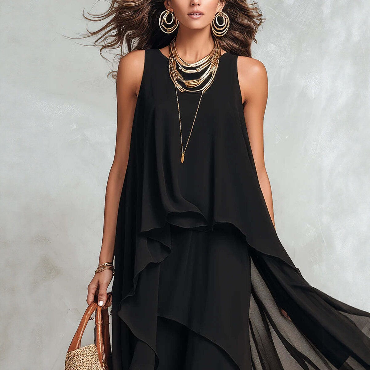 Elegant Layered Loose Black Chiffon Dress - Casual Summer Holiday Long Dress
