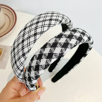 French Vintage Houndstooth Wide Headband - Elegant Thick Sponge Hair Hoop for Women