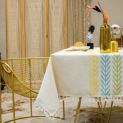 Premium Linen Rectangular Tablecloth – Simple Fabric Dining Table Cover with Elegant Tassels & Embroidery