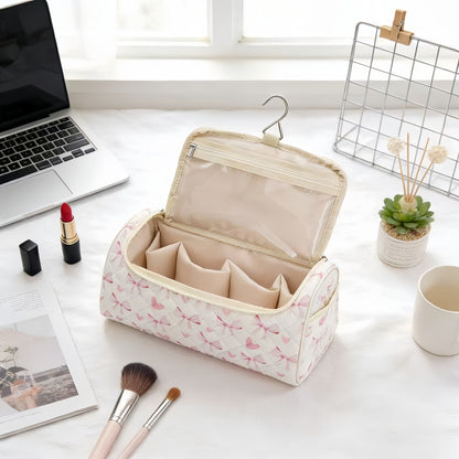 Hanging Quilted Floral Cosmetic Bag - Large Capacity Travel Toiletry Storage Organizer
