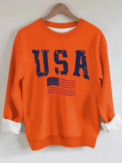 USA Flag Distressed Print Grey Sweatshirt | Unisex Round Neck Sports Pullover