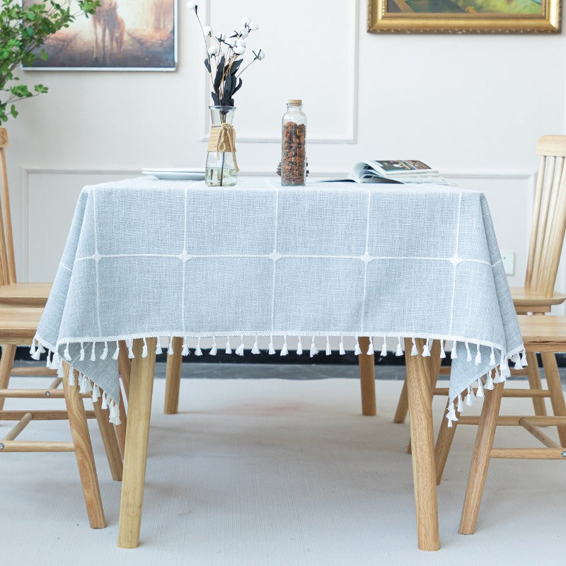 Nordic Jacquard Cotton Linen Tablecloth – Elegant Pink Long Stripe Table Cover with Decorative Tassels