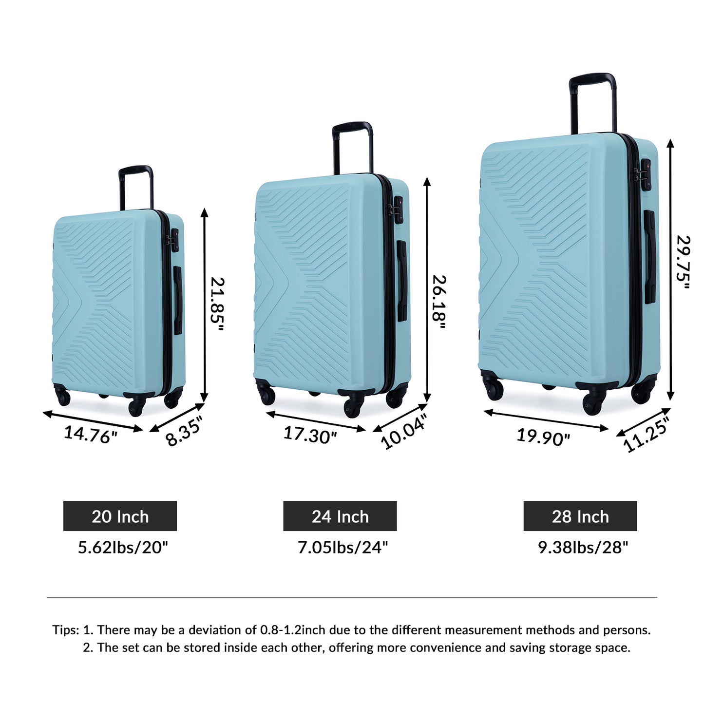 3-Piece Lightweight ABS Luggage Set with Spinner Wheels and TSA Lock - Green