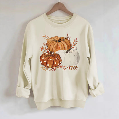 Three Pumpkin Pattern Printed Fall Sweatshirt | Thanksgiving Autumn Graphic Pullover