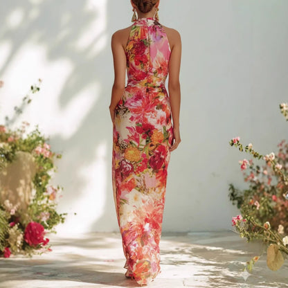 Women's Elegant Floral Halter Neck Dress - Sleeveless Fitted Chiffon Maxi Gown