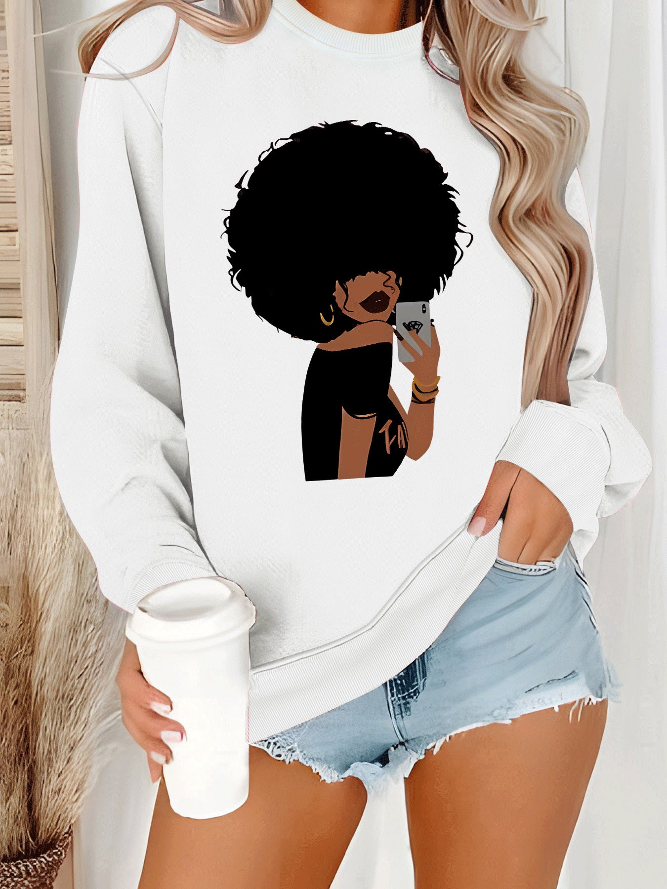 Afro Woman Portrait Print Sweatshirt | Stylish Orange Crewneck Pullover for Women