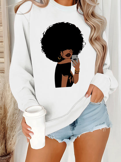 Afro Woman Portrait Print Sweatshirt | Stylish Orange Crewneck Pullover for Women
