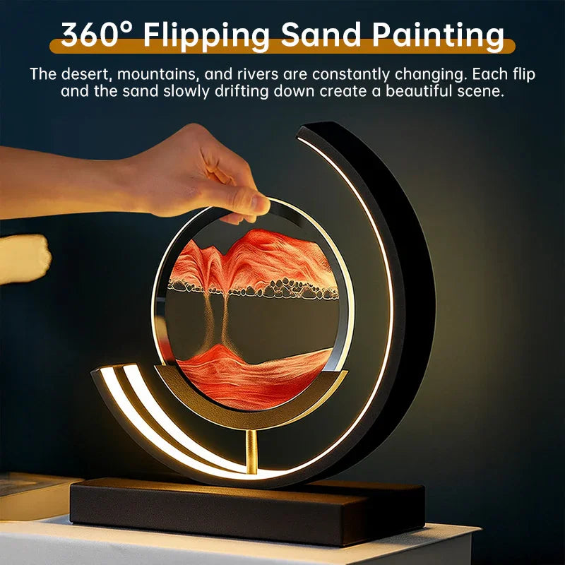 Rotating 360-degree sand painting with LED light, modern home decor, hand flipping round art piece.