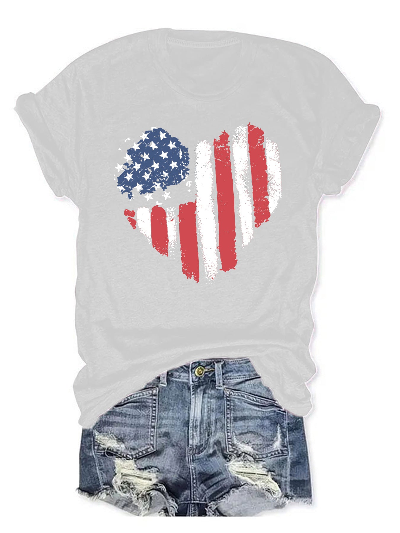 American Flag Heart Graphic T-Shirt | Patriotic Round Neck Short Sleeve Top