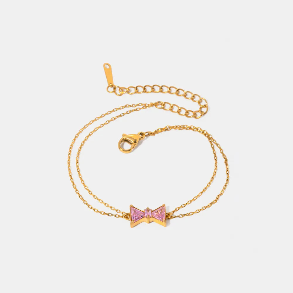 Elegant Stainless Steel Pink Zircon Bow Bracelet for Women