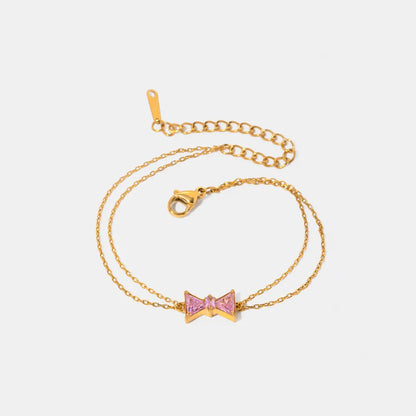 Elegant Stainless Steel Pink Zircon Bow Bracelet for Women