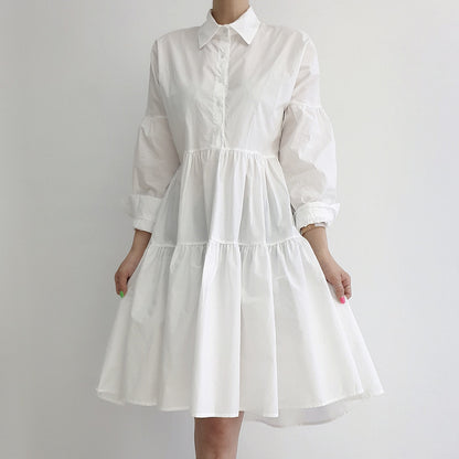 Chic Korean Style White Shirt Dress - Loose Fit Puff Sleeve Tiered Mini Dress for Women