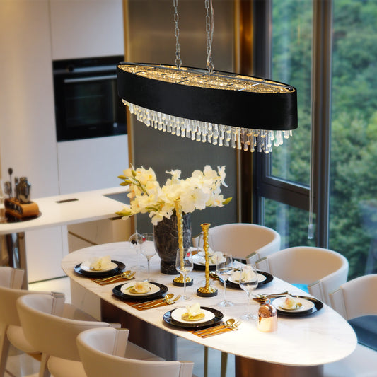 Luxury Modern Black Crystal Chandelier – Elegant Round Pendant Light for Dining & Living Room