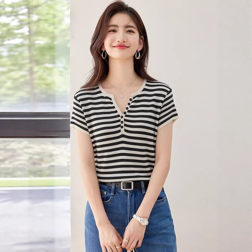 Women's Striped Knitted Short Sleeve Top - Chic Slim Fit V-Neck Shirt