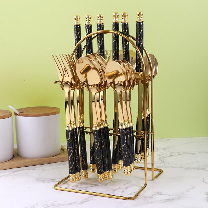 Luxury 24-Piece Golden Cutlery Set with Marble Pattern Handles & Gold Stand