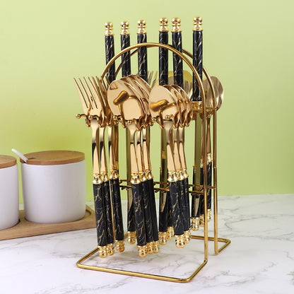 Luxury 24-Piece Golden Cutlery Set with Marble Pattern Handles & Gold Stand