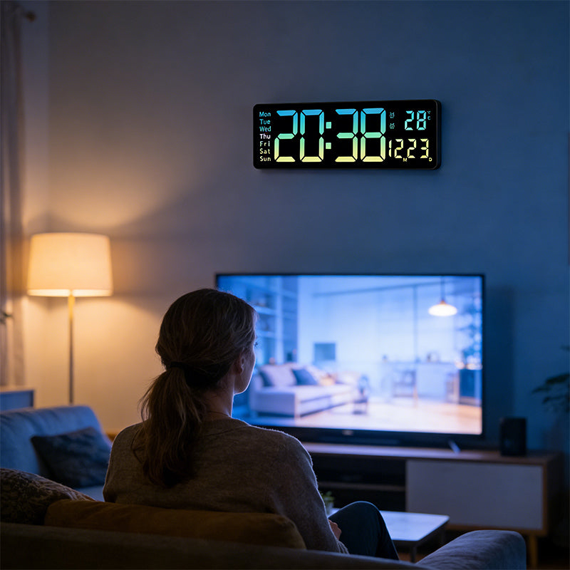 Modern RGB Digital Wall Mount Clock with Dual Alarms & Memory Function