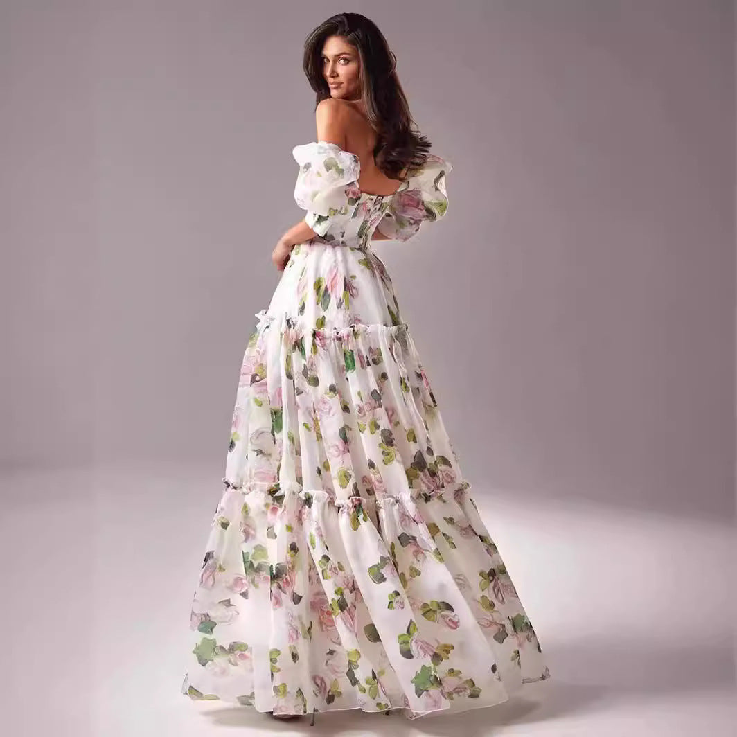 Elegant Off-Shoulder Organza Floral Maxi Dress - Premium Long Evening Gown for Women