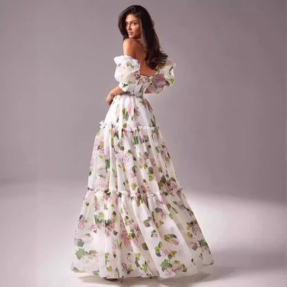 Elegant Off-Shoulder Organza Floral Maxi Dress - Premium Long Evening Gown for Women