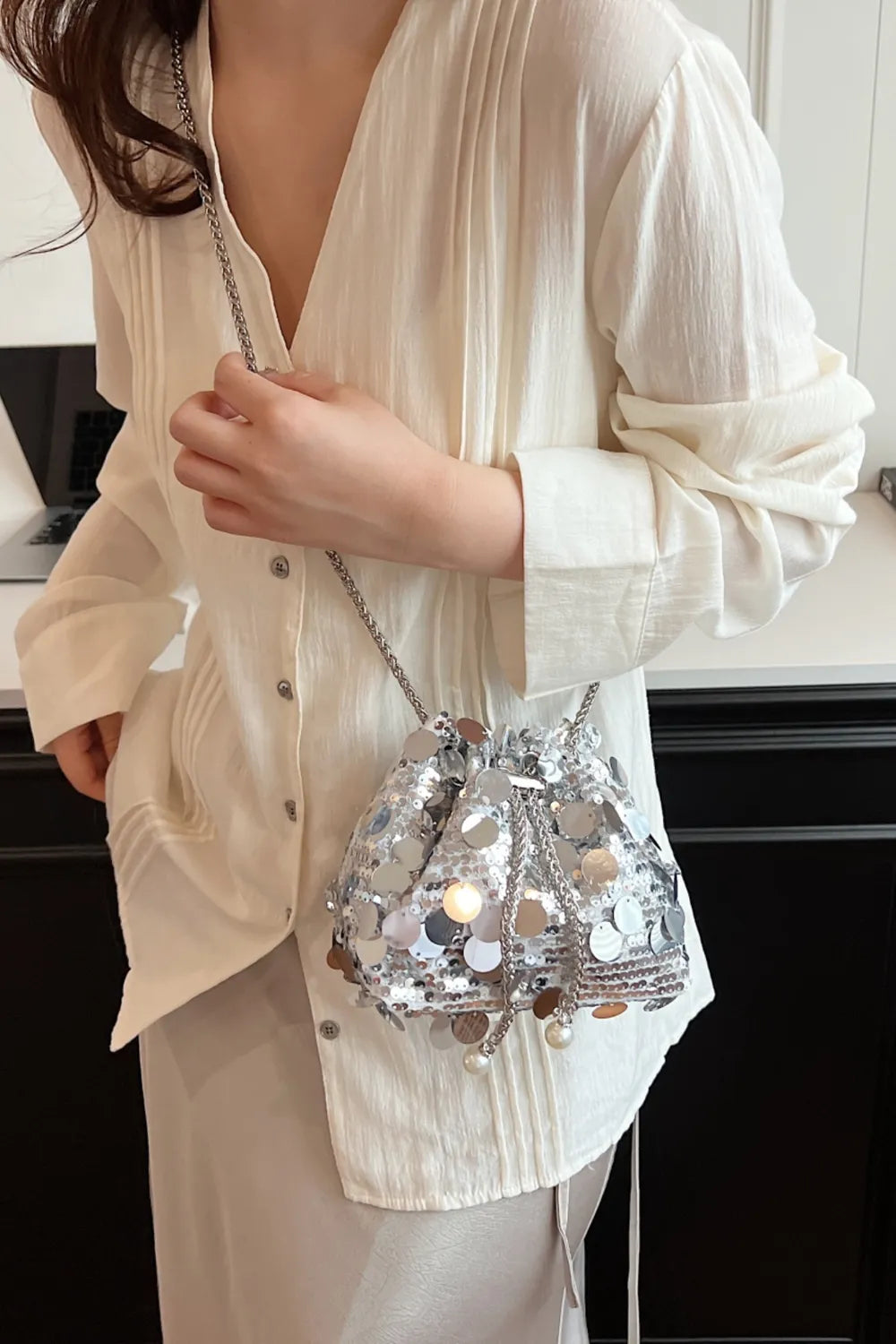 Shimmering Drawstring Sequin Pouch Crossbody Bag
