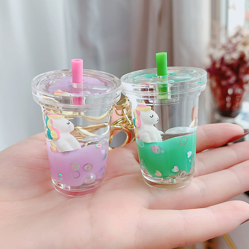 Creative Liquid Floating Unicorn Keychain - Glitter Quicksand Milk Tea Cup Bag Charm