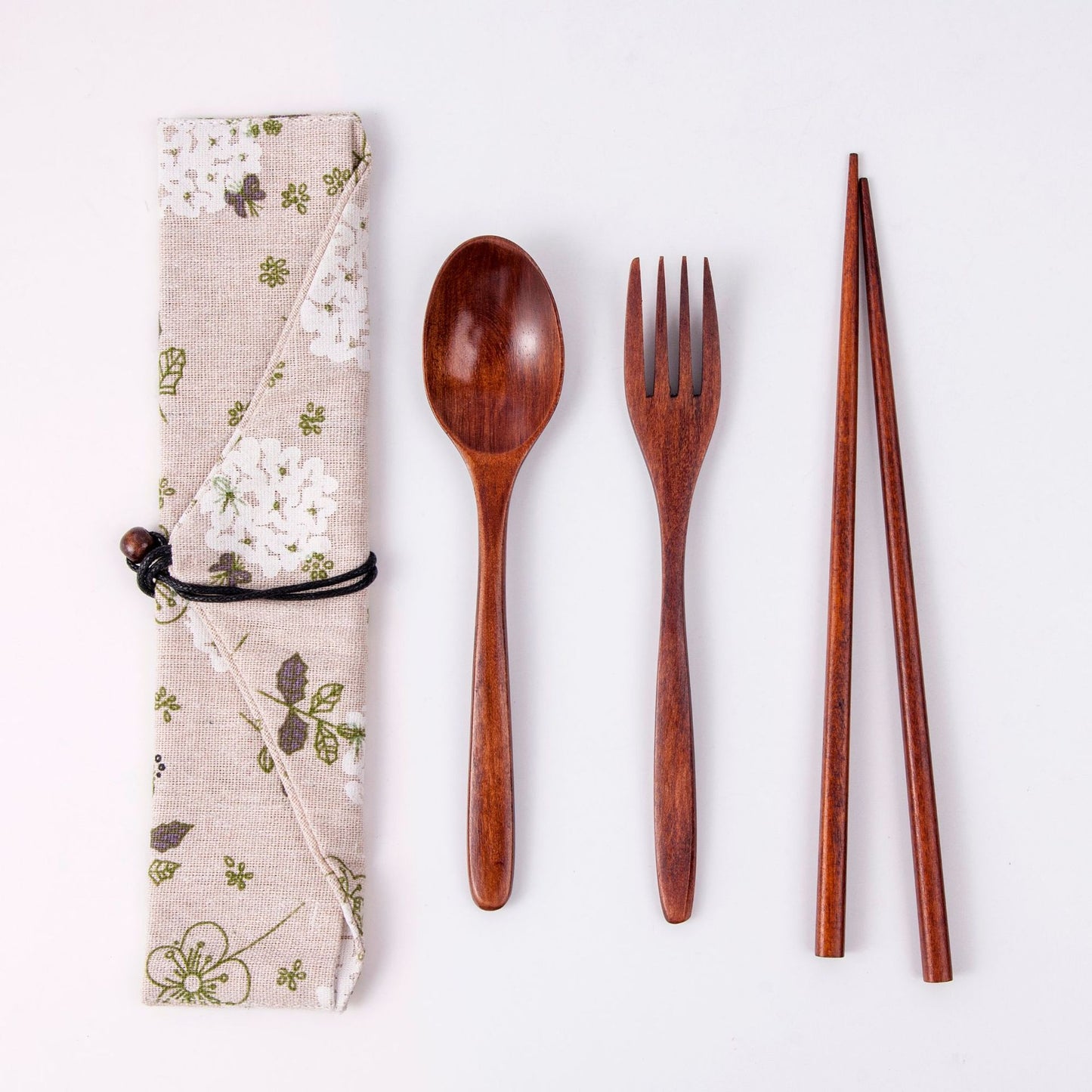 Japanese Style 3-Piece Portable Wooden Cutlery Set with Pouch