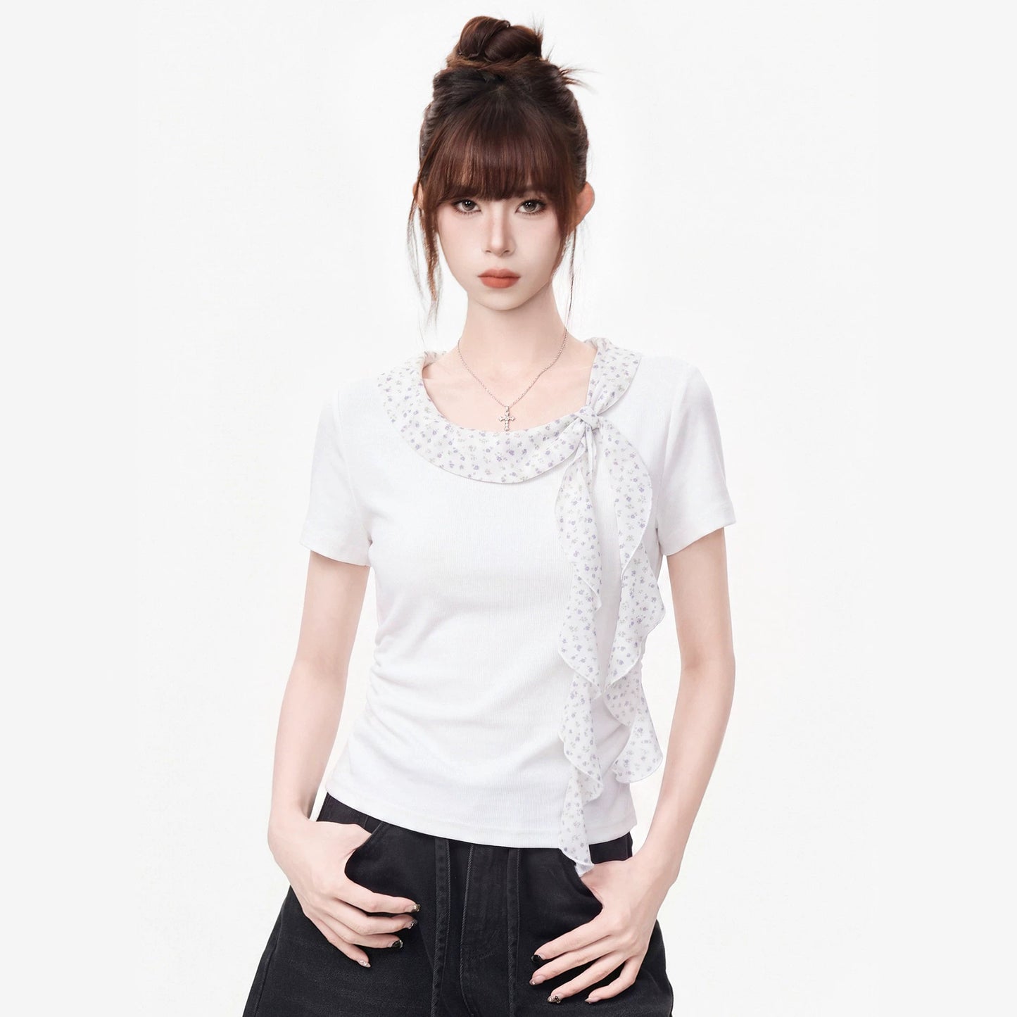 Women's Elegant Pleated Waist Cinched T-Shirt with Ruffle Polka Dot Collar