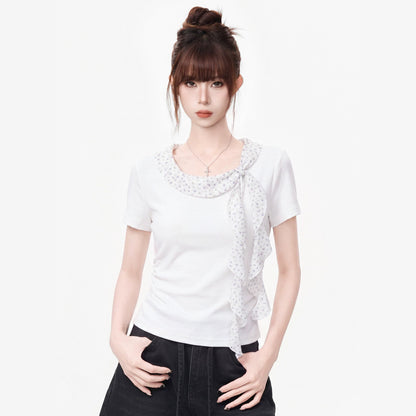Women's Elegant Pleated Waist Cinched T-Shirt with Ruffle Polka Dot Collar