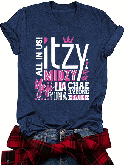 ITZY Slogan Letter Round Neck Short Sleeved Shirt | K-Pop Inspired Graphic T-Shirt