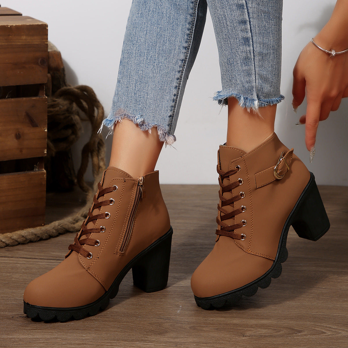 Women's Chunky High Heel Lace-Up Ankle Boots