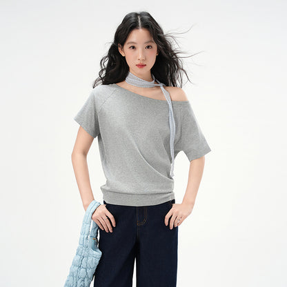 Elegant Loose Fit Off-the-Shoulder Top with Neck Strap for Women
