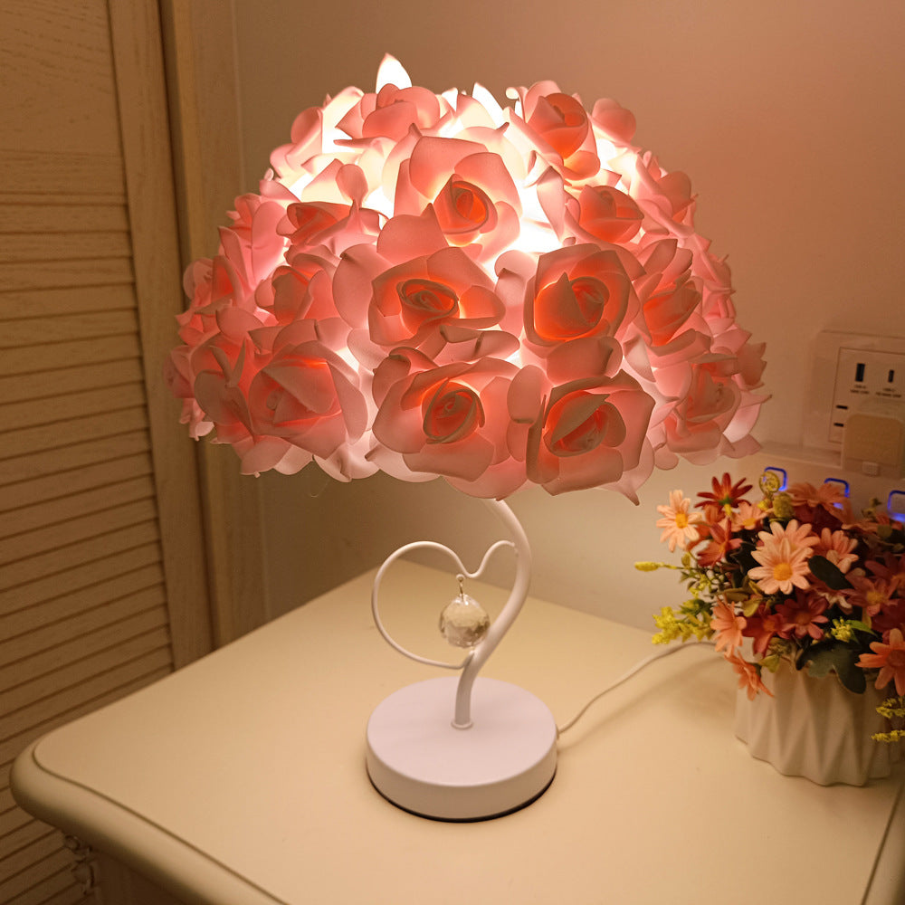 Romantic Rose Flower Heart-Shaped Table Lamp – Elegant Crystal Bedside Light for Wedding & Anniversary Gift
