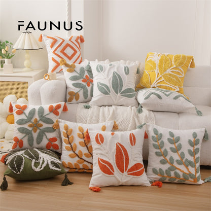 Bohemian Tufted Throw Pillow Cover - Ethnic Moroccan Leaf Embroidered Cushion Case