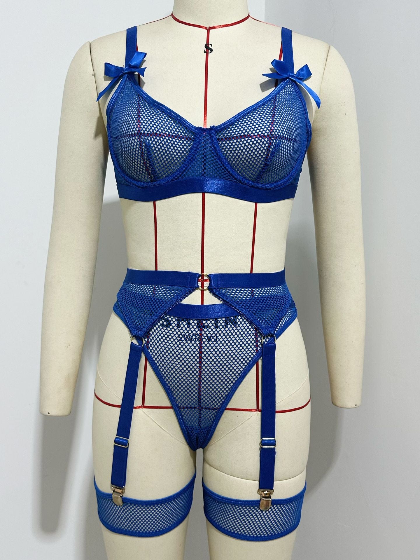 Blue Mesh Lingerie Set with Bowknot Detail and Garter Belts