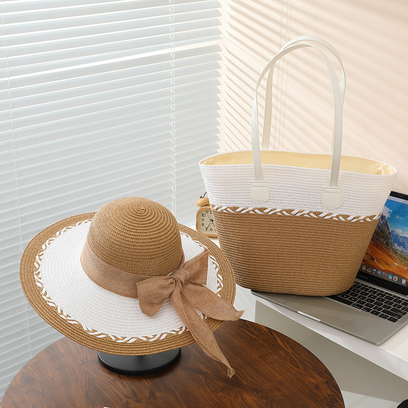 Women's Summer Straw Tote Bag & Wide-Brim Sun Hat Set