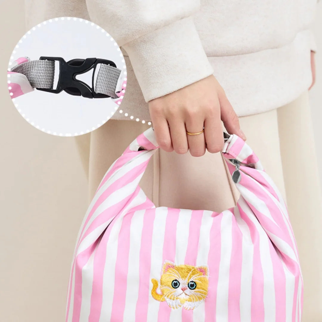 Cute Pink Striped Insulated Lunch Bag - Folding Roll-Top Large Capacity Bento Cooler Bag