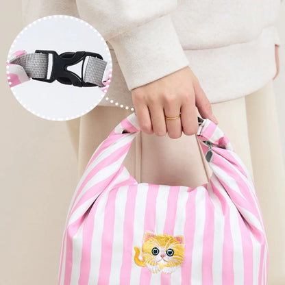 Cute Pink Striped Insulated Lunch Bag - Folding Roll-Top Large Capacity Bento Cooler Bag