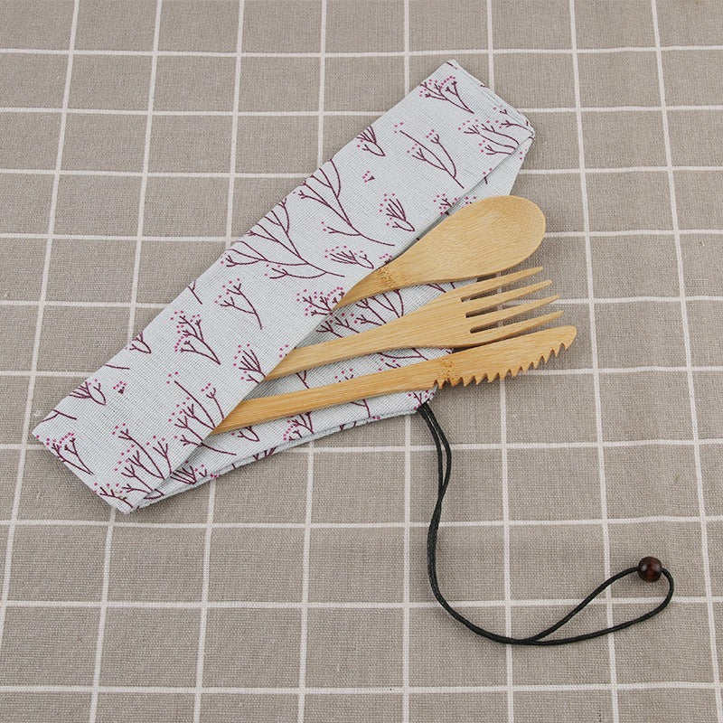 20CM Eco-Friendly Bamboo Cutlery Set with Floral Travel Pouch - 3-Piece Reusable Knife, Fork, and Spoon