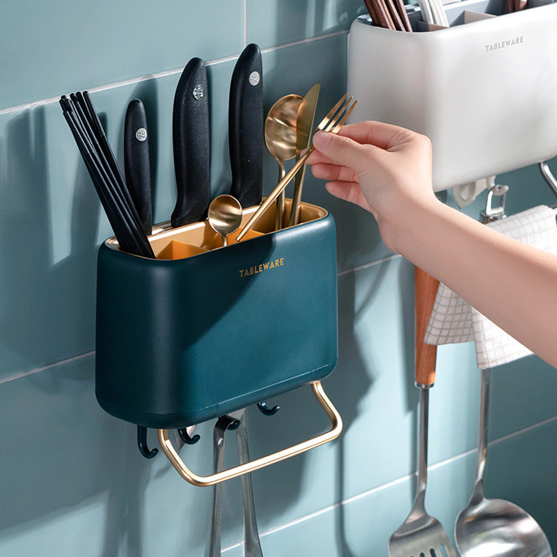 Wall-Mounted Multi-Functional Kitchen Utensil Holder - Knife Rack & Chopstick Cage Storage Organizer with Towel Bar