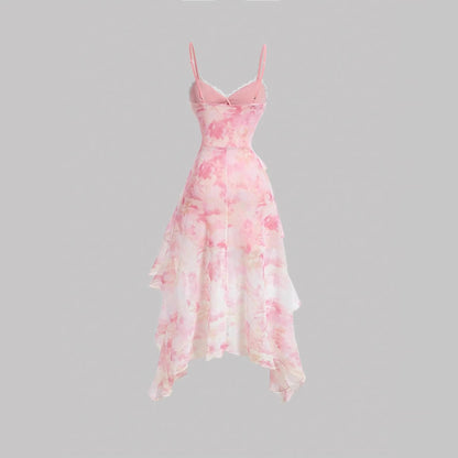 Elegant Floral Mesh Camisole Dress - High-Low Ruffle Asymmetrical Skirt