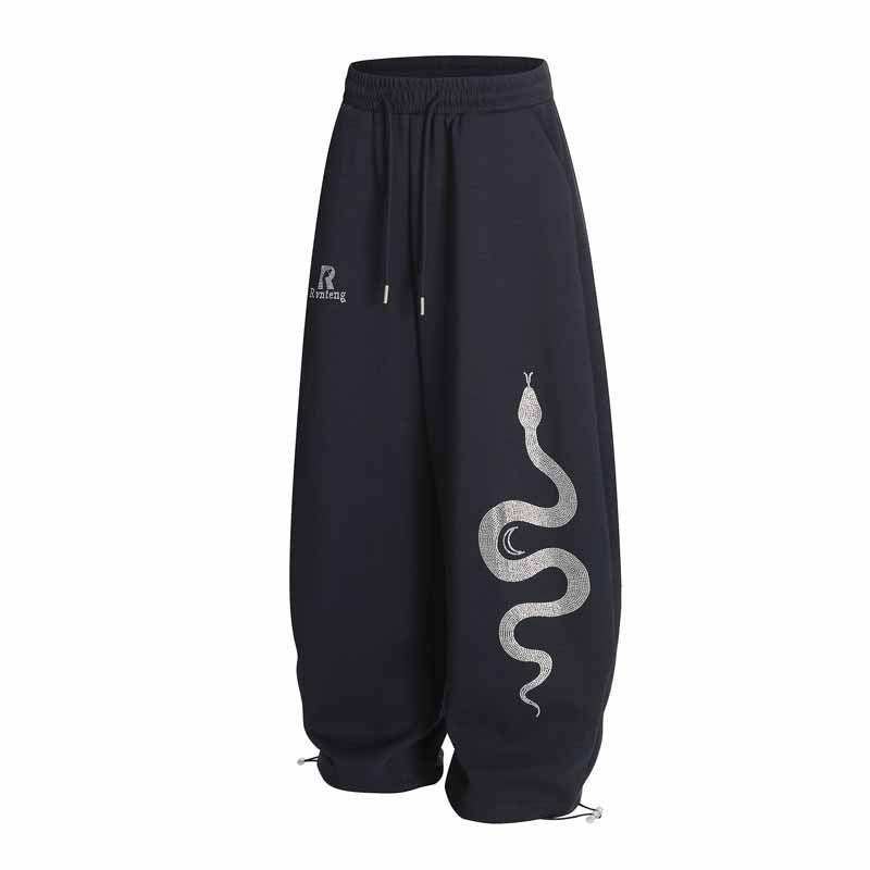 Men's Retro Rhinestone Snake Print Loose Street Sport Sweatpants