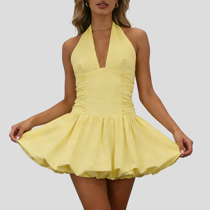 Sexy Deep V Backless Halter Mini Dress – Chic Yellow Bubble Hem Party Dress for Women