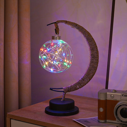 LED Star in Moon Night Light with Hemp Rope and Iron Art Base